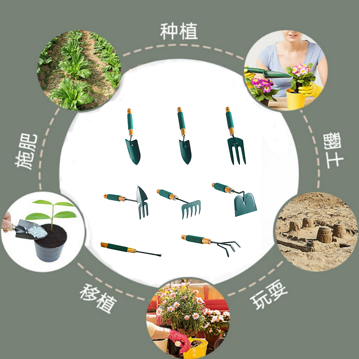 Herramientas de jardinería multi-tipo transfronterizas, rastrillo de flores, pala, herramientas de jardinería de doble propósito, azada, jardinería para atrapar a los marinos