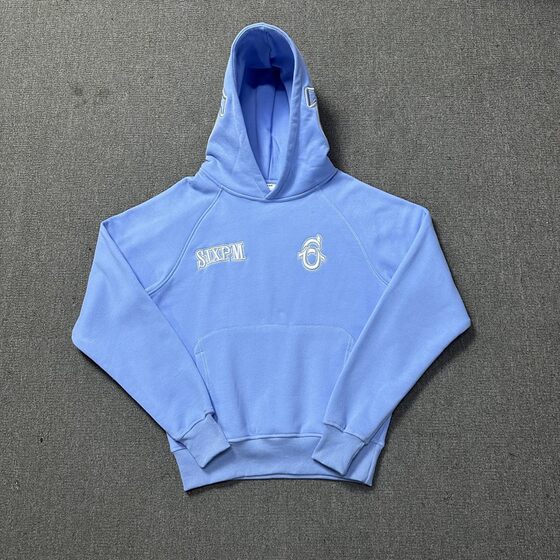 Cross-border fashion brand 6PM embroidered letters hip-hop fleece-lined pullover hooded sweater trousers high street loose casual suit