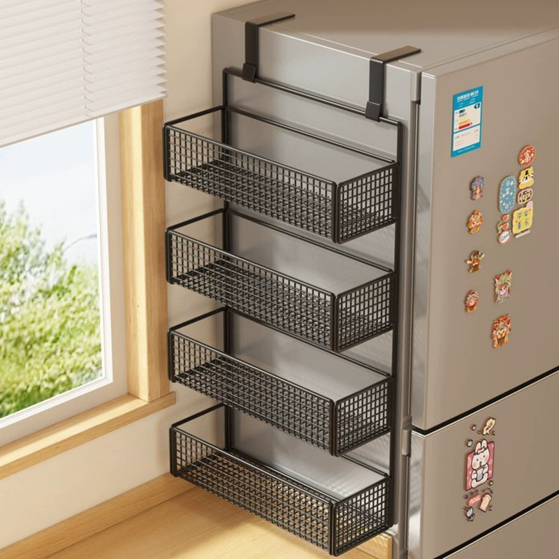 Боковая полка для холодильника, кухонные принадлежности, многослойная вешалка для хранения, пластиковая пленка, размещение бутылок для приправ без сверления