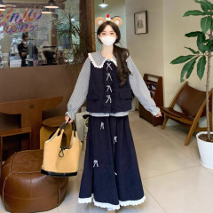 2025秋冬新款甜美学院风百搭刺绣灯芯绒马甲+半身裙两件套女套装