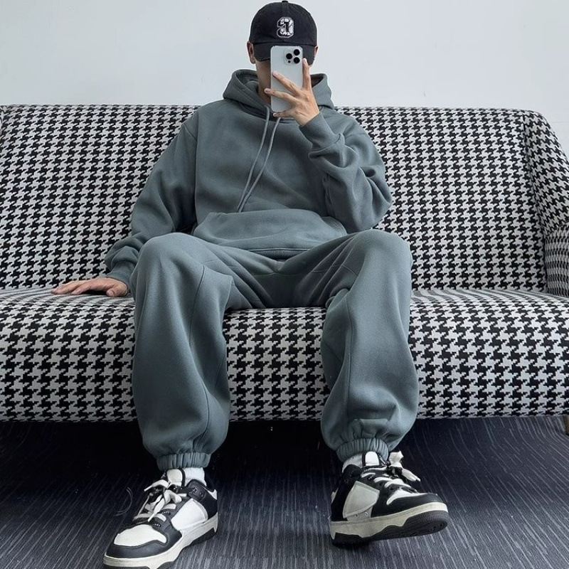 남성과 여성의 가을과 겨울 새로운 블랙 간단한 하이 엔드 스트리트 패션 브랜드 느슨한 기모 두꺼운 스웨트 셔츠 스포츠 세트