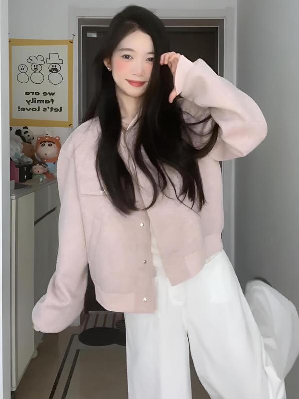 美式棒球服粉色毛呢外套女春秋季2025新款开衫小个子短款夹克上衣|undefined