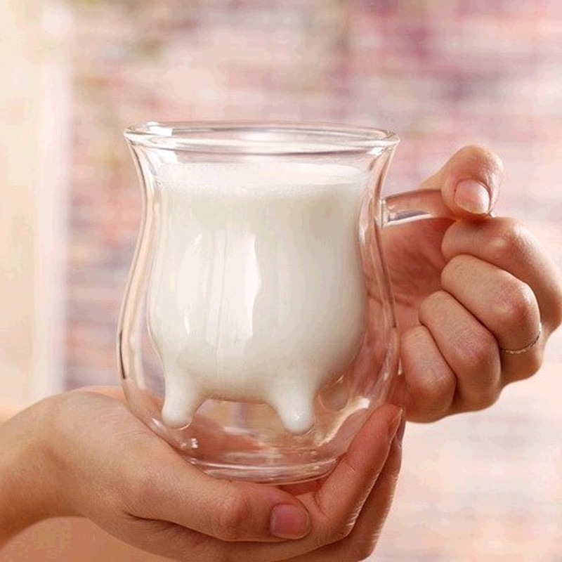 Hogar creativo vidrio de borosilicato de doble capa de vidrio taza de leche pequeña taza de vaca taza de jugo de vidrio