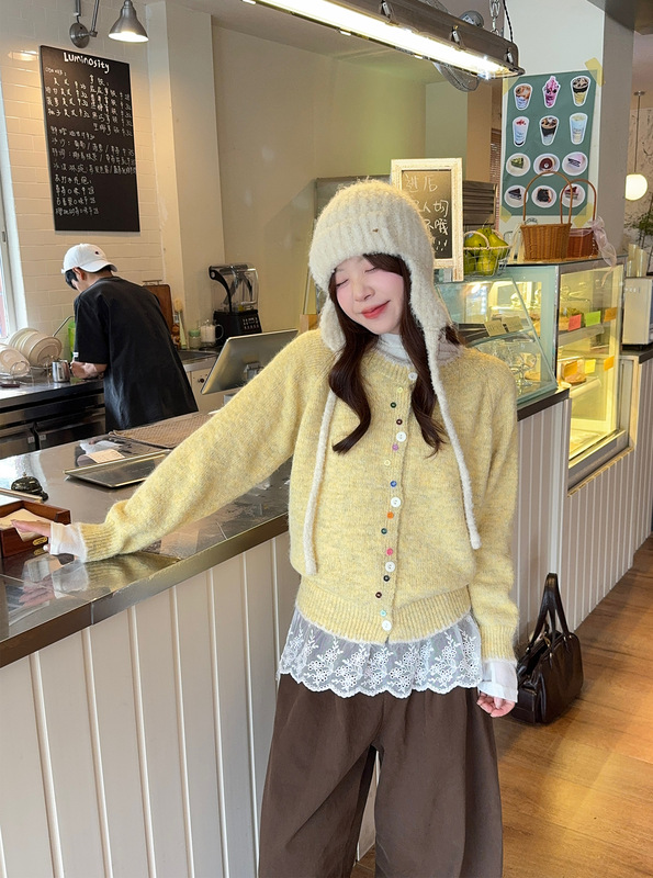 实拍~秋季新款韩版宽松彩扣撞色软糯百搭针织毛衣开衫外套女88410|undefined