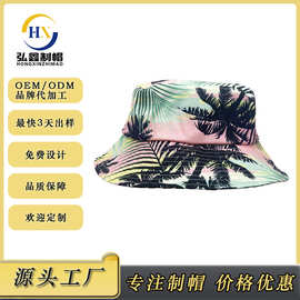 渔夫帽女涤纶满版印logo盆帽平顶遮阳帽儿童帽子男促销广告帽定制