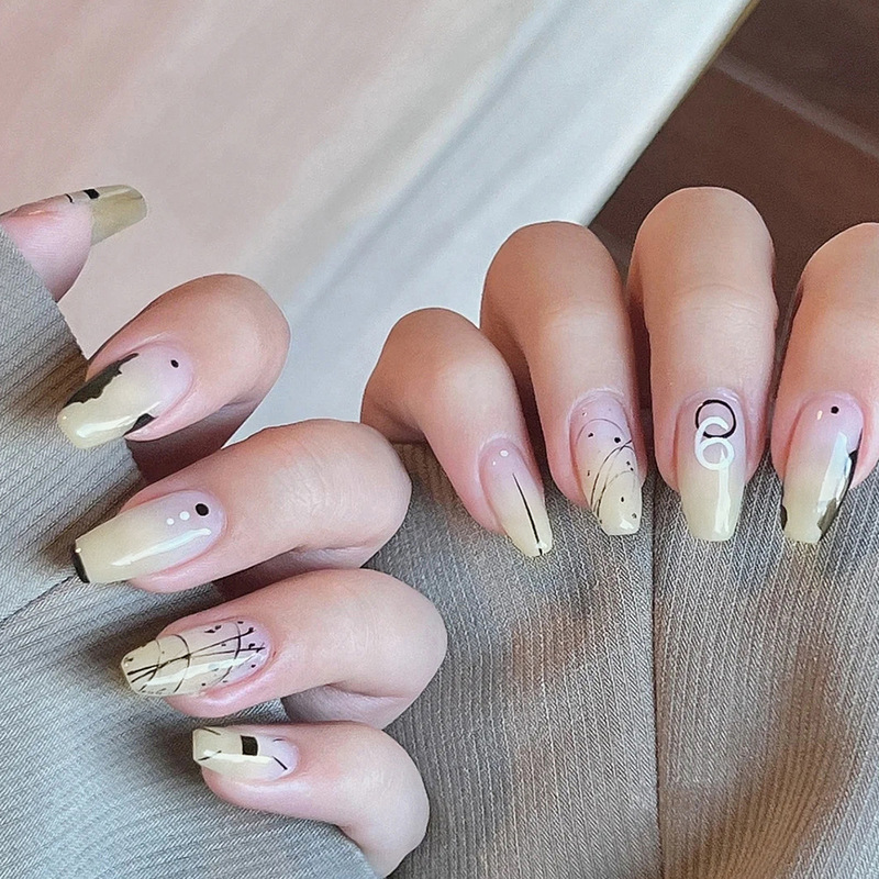 Foreign Trade Autumn and Winter Milk Tea Gradient Wearable Nails, Literary Style Graffiti French Manicure Nails, 24 Pieces of Fake Nails Wholesale