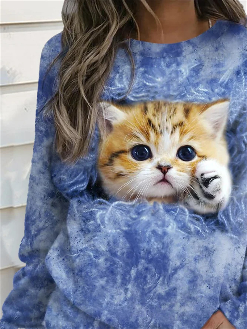 Mujeres Sudadera Manga Larga Camisetas Impresión Moda Gato display picture 12