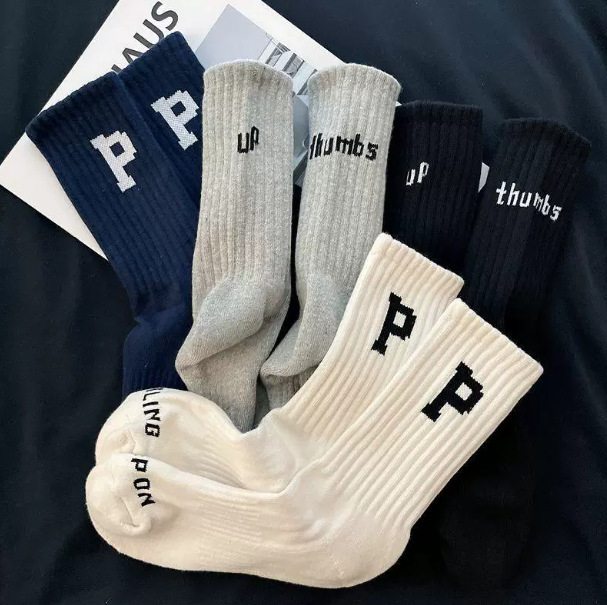 2026 Hot-Selling Shark Print Letter P Socks for Couples, Korean Style Ins Trend Spring/Summer Mid-Length Women's Socks