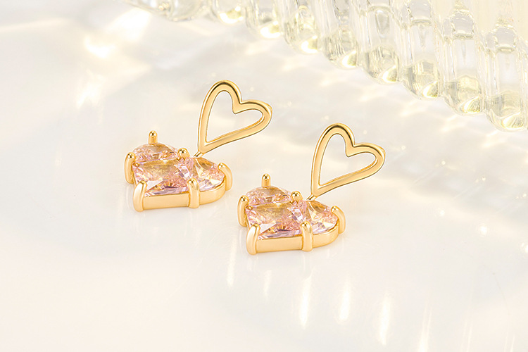 Sweet Heart Shape Copper Gold Plated Zircon Drop Earrings 1 Pair