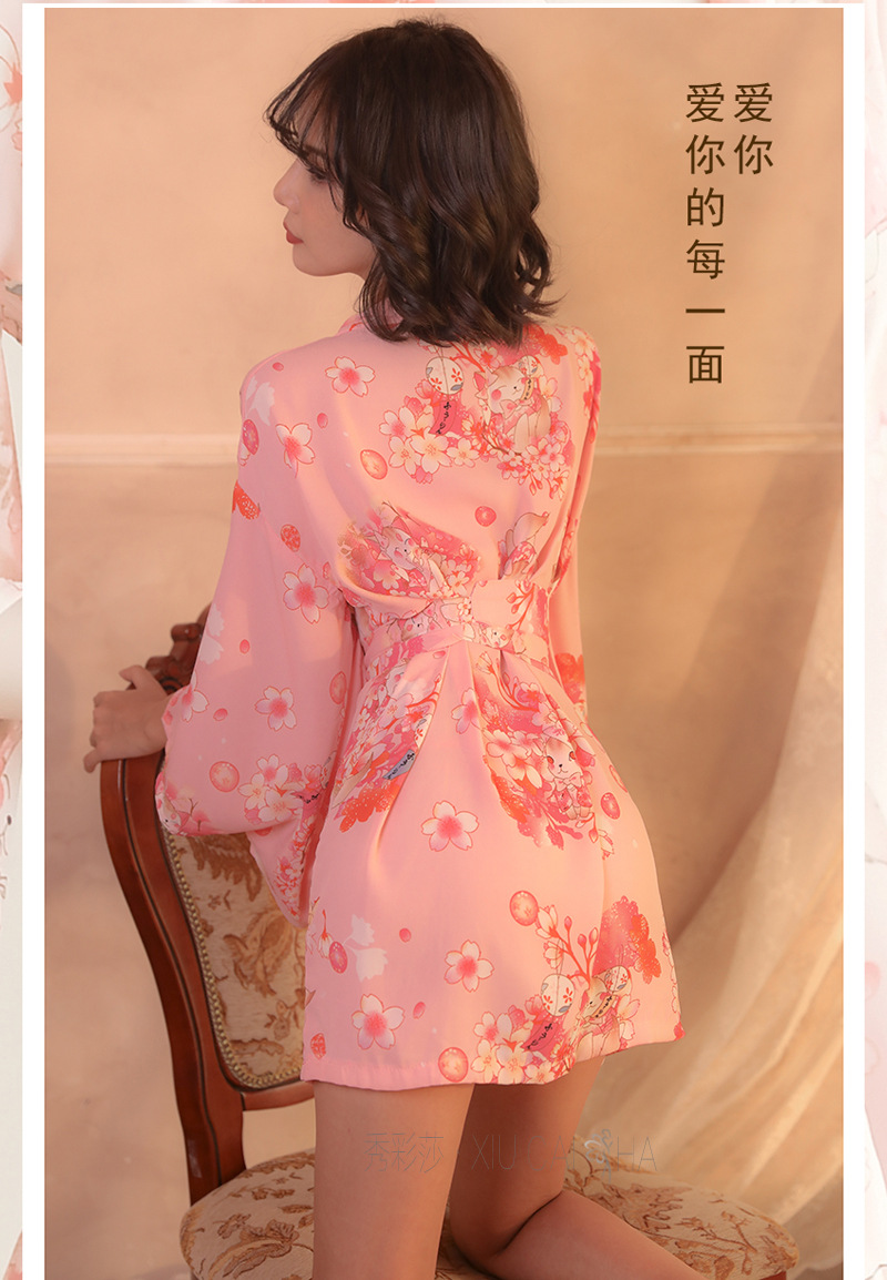 Sakura Cat Japanese Kimono Chiffon Nightgown Robe Set with Belt and Thong — detail image 5