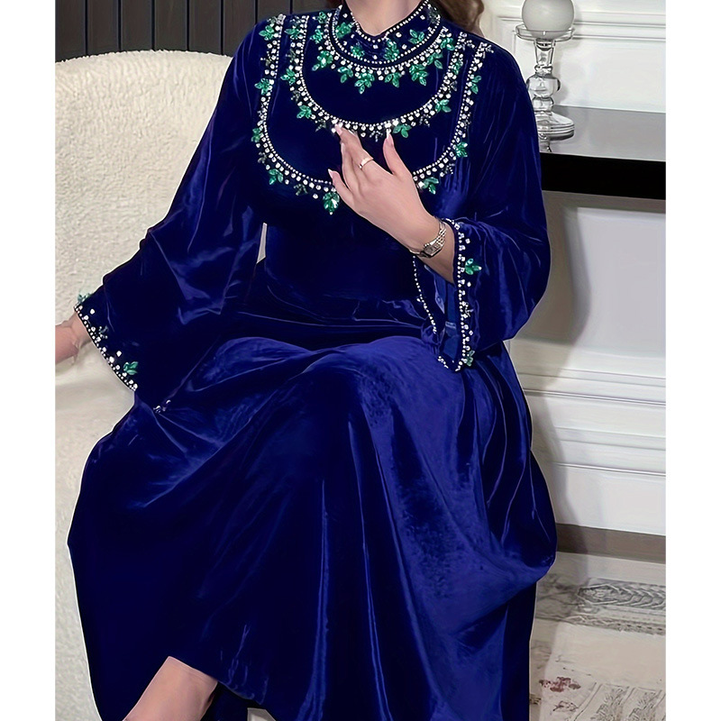 Cross-Border Source of New Velvet Gown, Green Water Drop Rhinestone Long Dress, High-End Velvet Dress
