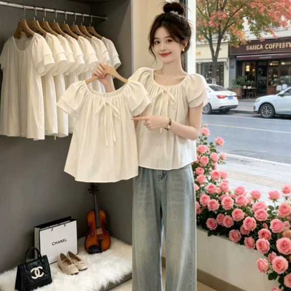 White New Summer Sweet and Cool Niche Shirt for Women, New One-Line Collar Versatile Shirt, Korean Style Super Fairy Doll Shirt for Women