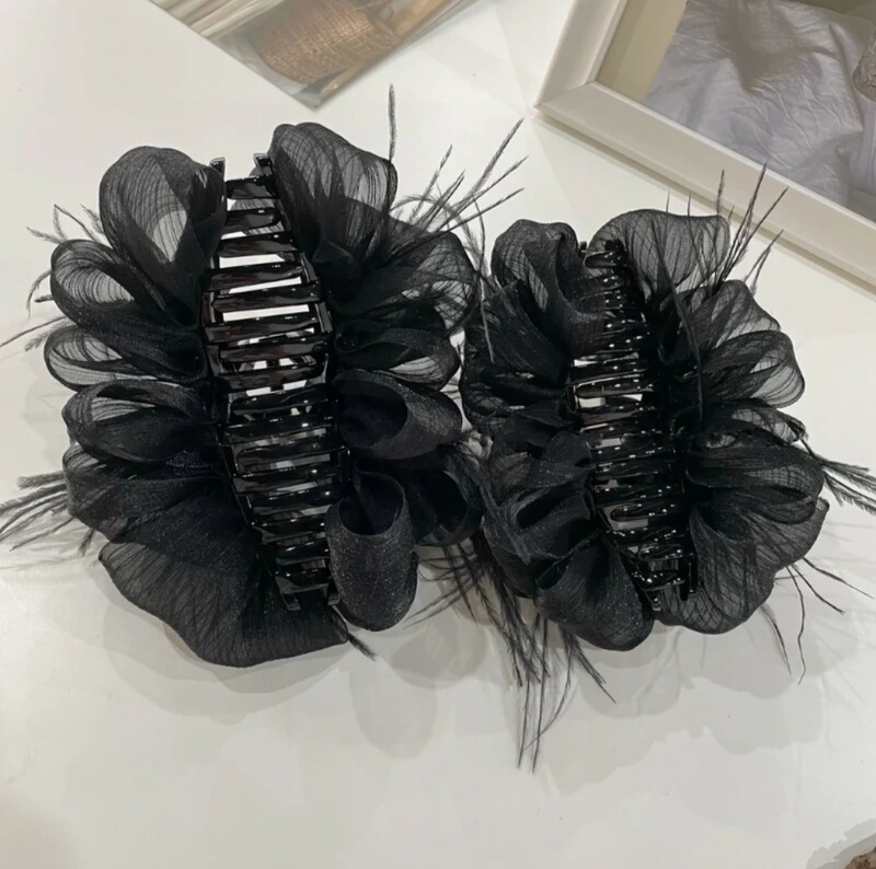 バブルガーゼグリッパーリボンフェザーブラックネットレッド新メッシュヘアピン女性の後頭部サメクリップ帽子|undefined