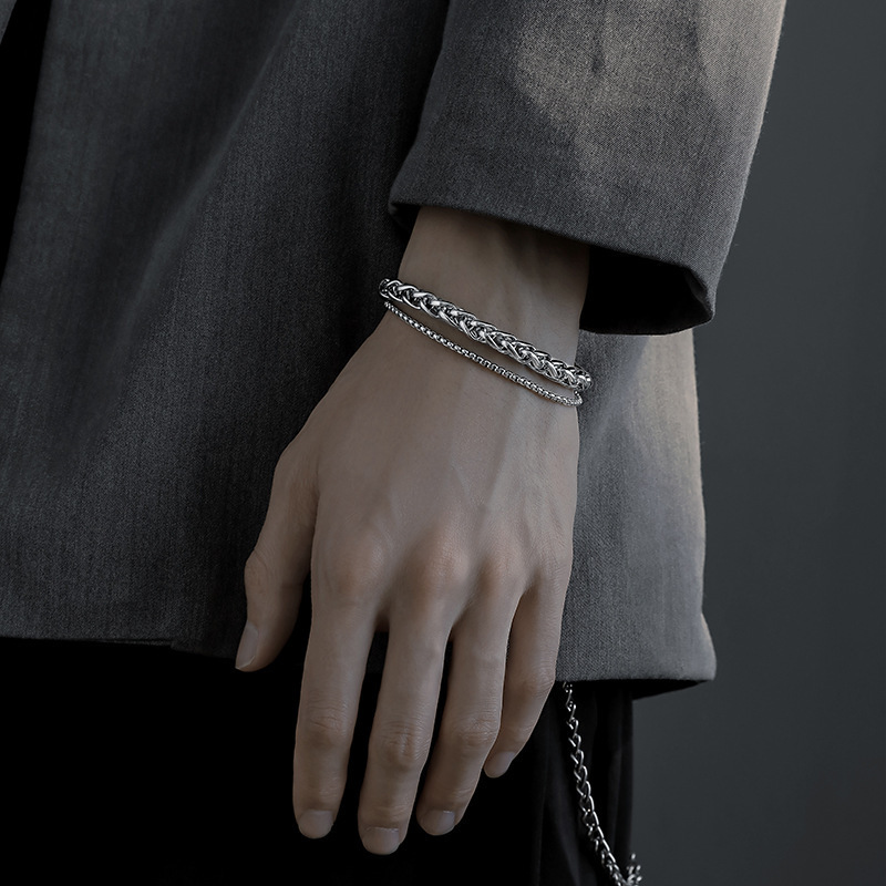 Titanium Steel Flower Basket Chain Square Pearl Chain Double-Layer Fashion Men's Bracelet Trendy Cool Simple Minimalist Style Student Bracelet Bold Titanium Steel Flower Basket Chain Square Pearl Chain Double-Layer Fashion Men's Bracelet Trendy Cool Simple Minimalist Style Student Bracelet Bold