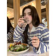 韩系慵懒风拼接撞色条纹polo领长袖t恤女秋2025新款简约宽松上衣