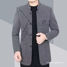 秋冬薄绒中长款外套立领夹克商务毛呢外套男休闲修身男士秋冬大衣
