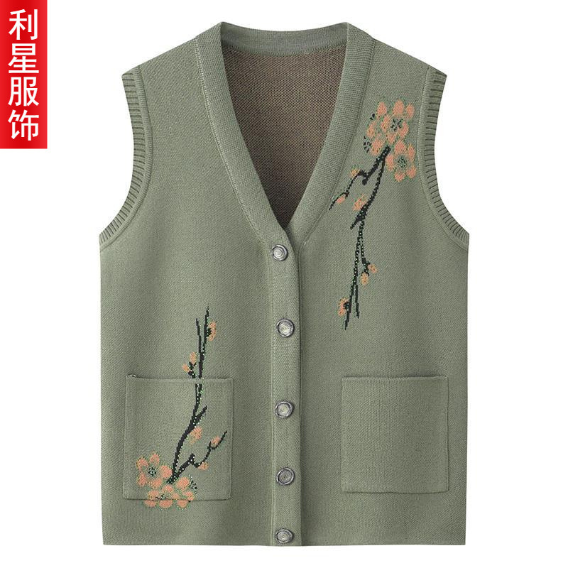 Grandma Vest Mother Vest Spring & Fall Elderly Knitted Sweater Vest Women's Cardigan Middle-Aged and Elderly Waistcoat Winter Clothing