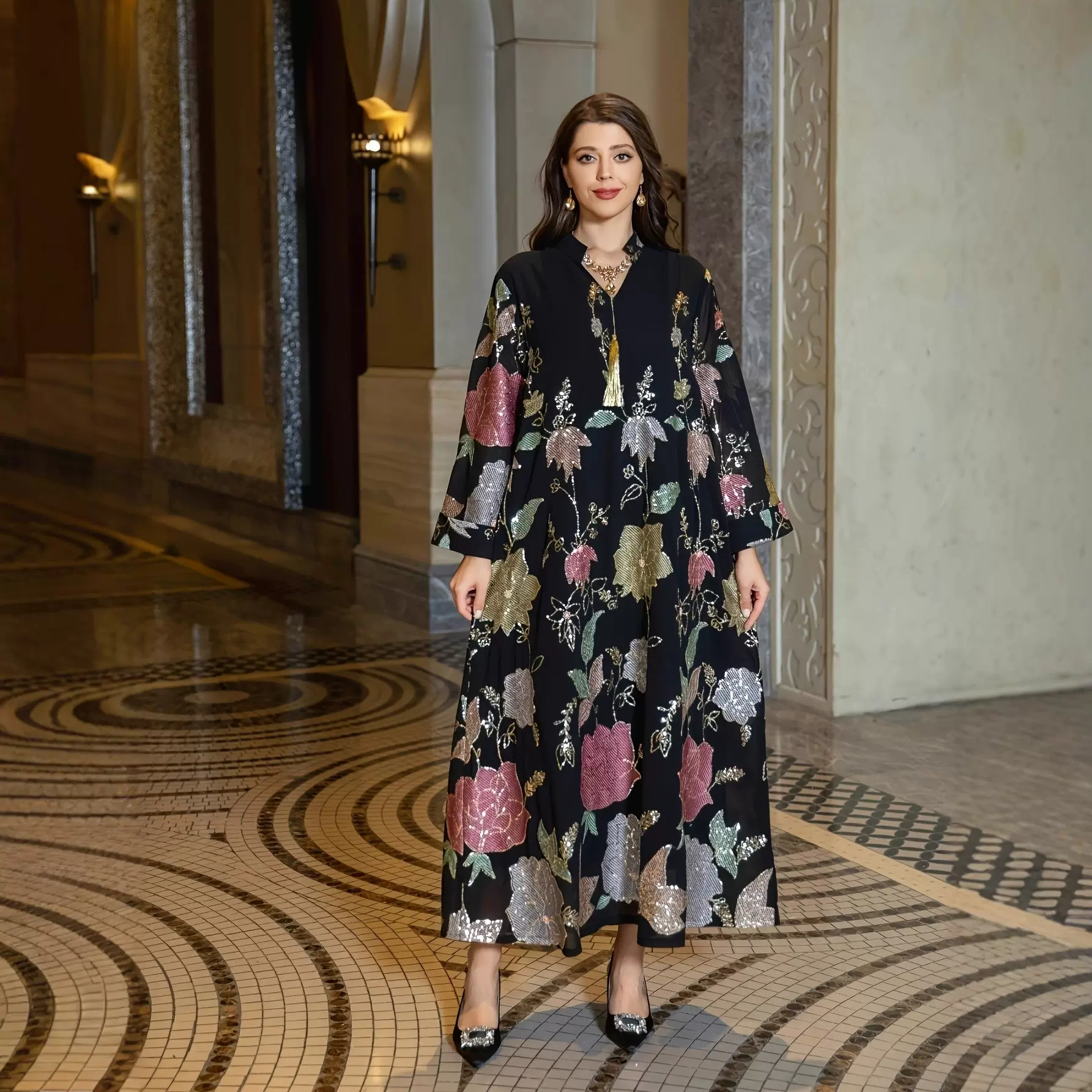 外贸服饰中东亮片刺绣长裙宴会晚礼服时尚跨境新款流苏大码连衣裙