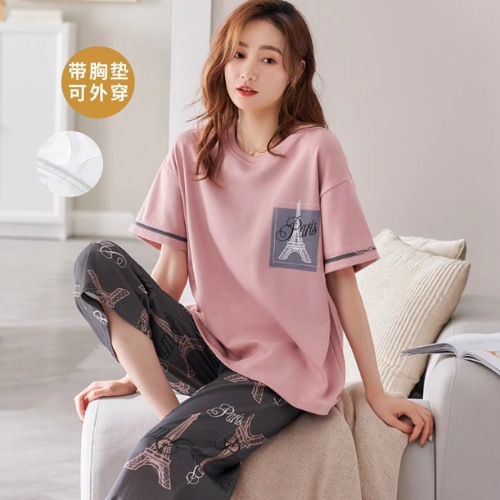 女士纯棉睡衣女春夏款短袖七分裤圆领套头简约舒适睡眠带胸垫套装
