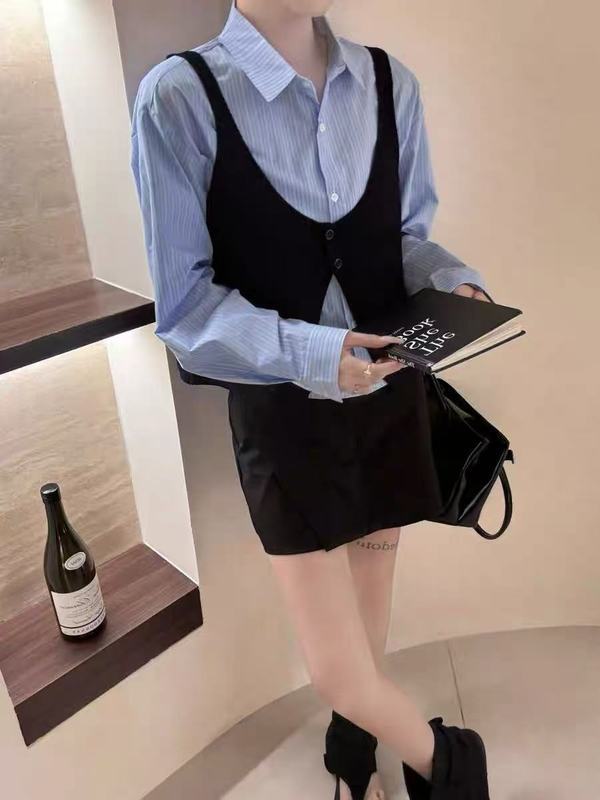 新款V领针织背心马甲两件套女休闲百搭衬衫套装|undefined