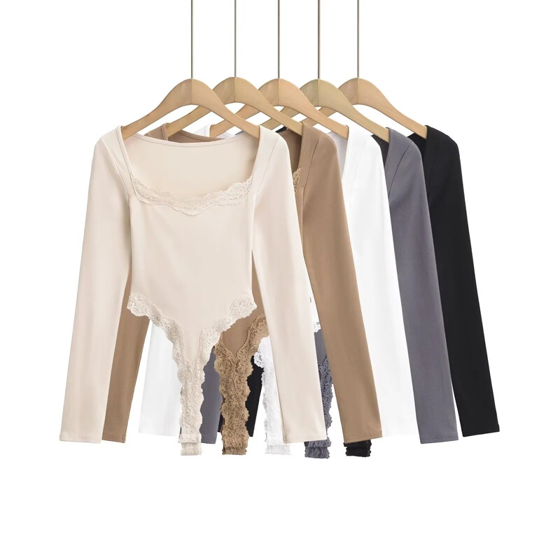 Pure sexy square collar lace long sleeve T-shirt jumpsuit ~ hot girl slim slimming inner base jumpsuit