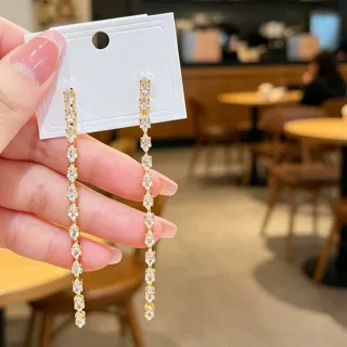 银色长款垂坠锆石流苏耳坠女 显脸瘦轻奢闪钻耳环宴会耳饰批发