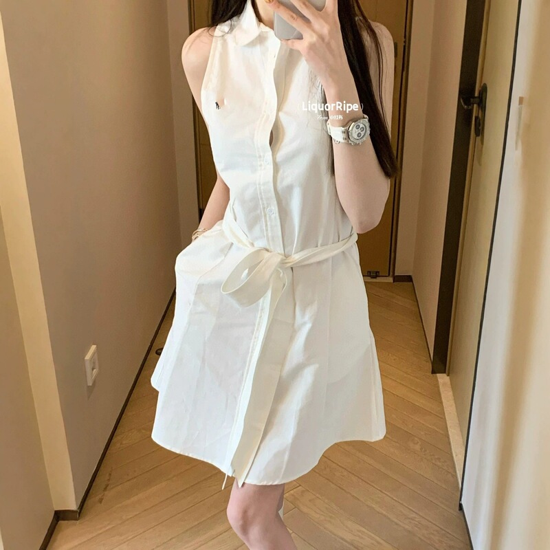 RL in-stock high-end version of the sleeveless shirt dress with pony logo embroidery, A-line skirt, fashionable for women's daily wear, Polo RL in-stock high-end version of the sleeveless shirt dress with pony logo embroidery, A-line skirt, fashionable for women's daily wear, Polo