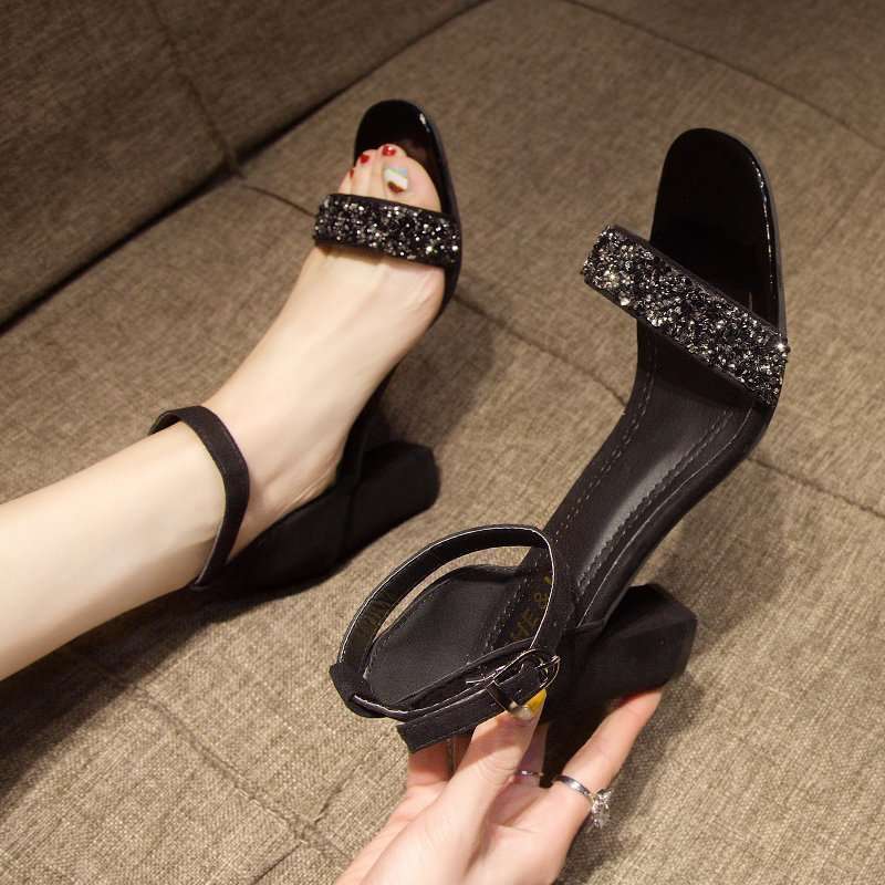Fashion Sandals for Women Summer New Versatile Black One-Line Strap Roman Thick Heel Open Toe High Heel Black Light Plate