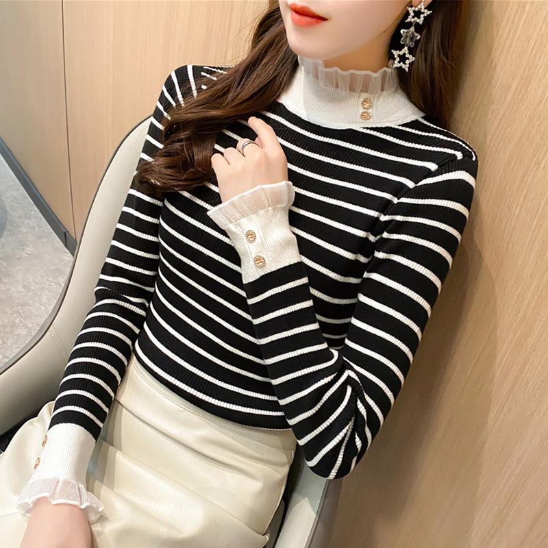 Knitted thin solid color colored warm long-sleeve with a round…