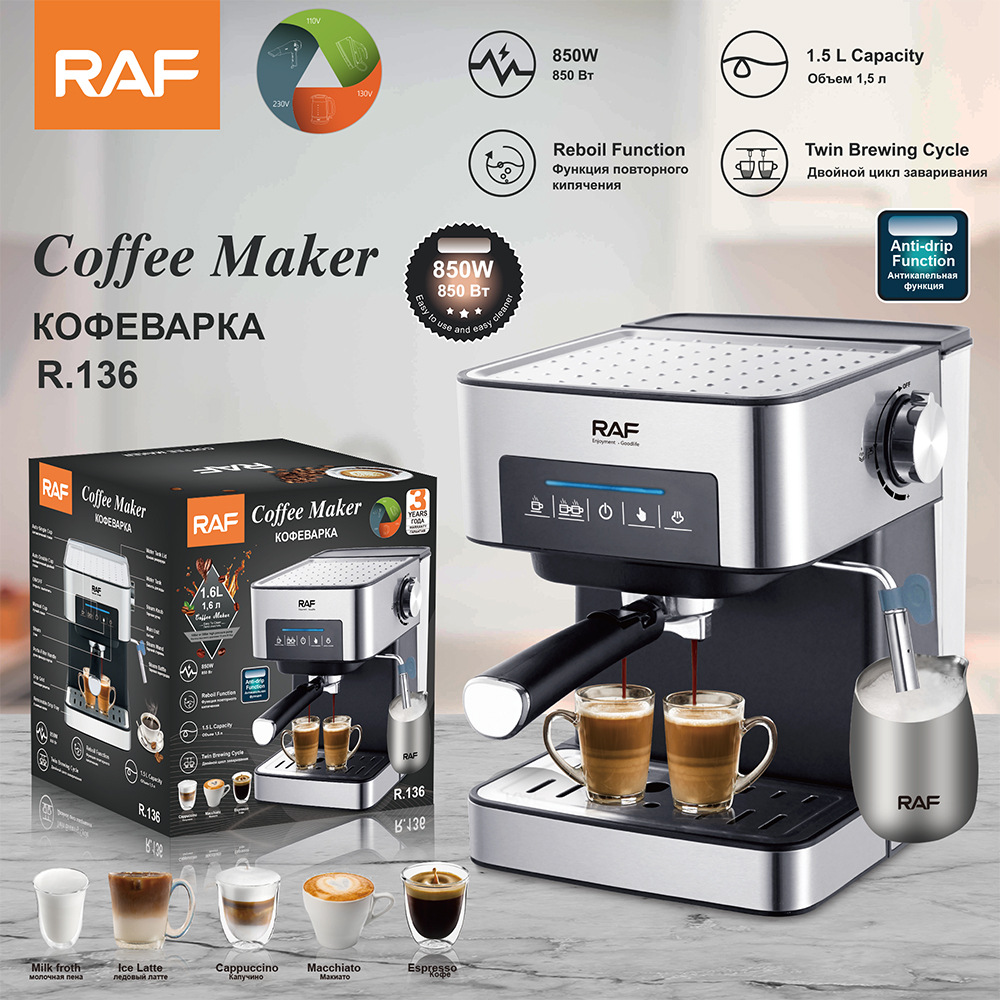 Raf European Standard Cross-Border Italian Coffee Machine, Double Cup, Small Household Semi-Automatic Pressure Steam Milk Frother for Office Use