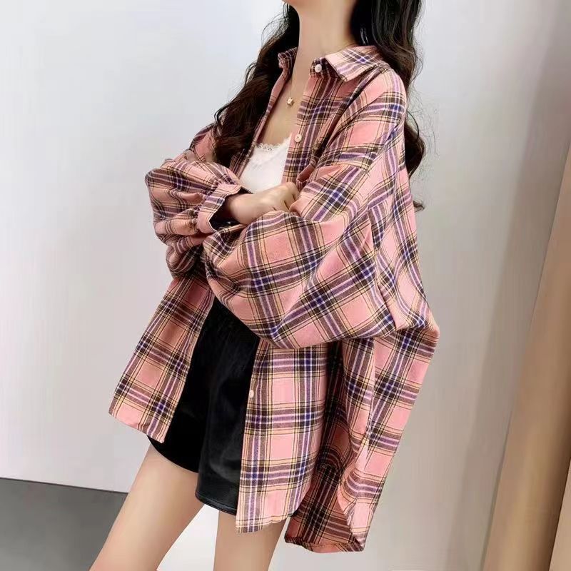 2026 Spring and Autumn New Retro Hong Kong Style Plaid Shirt for Women, Long Sleeve Loose Design Brushed Fabric Shirt Jacket 2026 Spring and Autumn New Retro Hong Kong Style Plaid Shirt for Women, Long Sleeve Loose Design Brushed Fabric Shirt Jacket