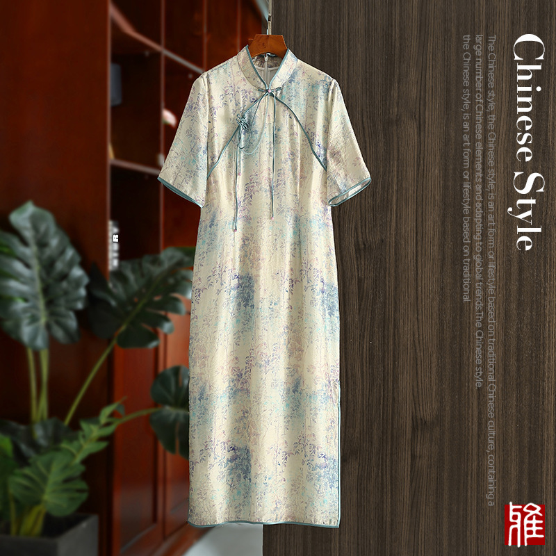 Summer Modified Cheongsam Dress New Chinese Style National Style Celebrity Lady Beaded Print Long Sleeve Split Midi Dress with Vertical Collar