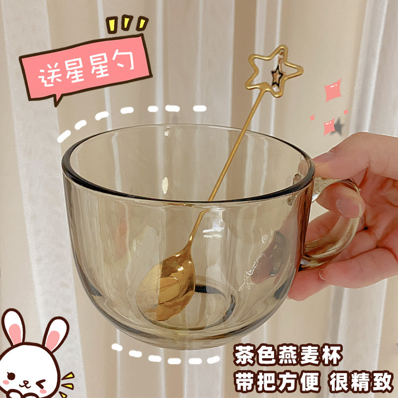 微波炉专用杯子热牛奶杯玻璃水杯有盖带勺精致的咖啡杯燕麦早餐杯