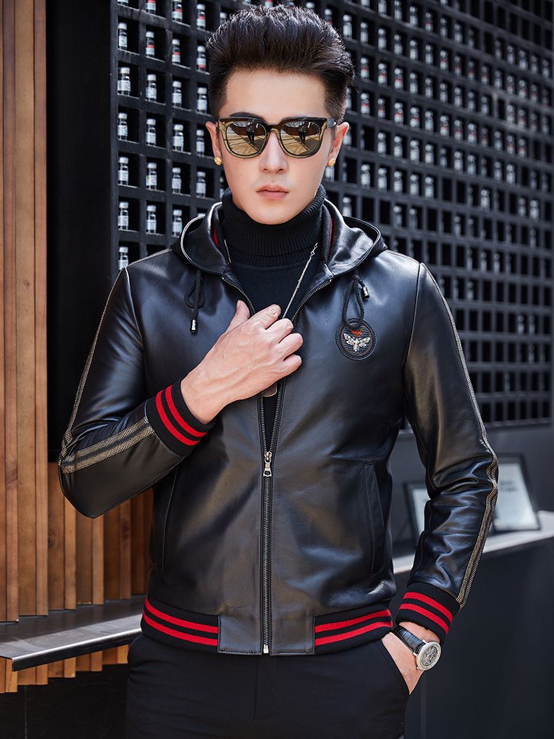 Sheepskin Genuine Leather Jacket for Men, Hooded Casual Wear, Thin Style for Spring and Autumn, Haining Leather Jacket, Single Jacket, Pure Leather