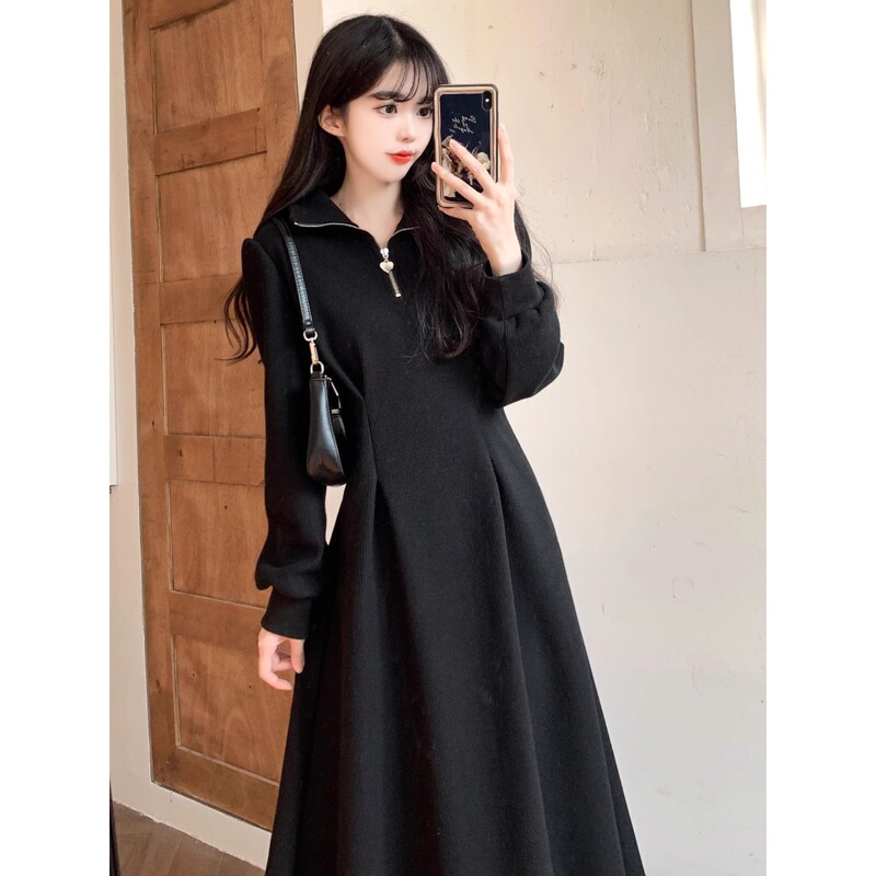 High-grade Black Half Zip Sweat dress Women's Autumn and Winter plus size chubby girl Slimming European Style Elegant Base Skirt