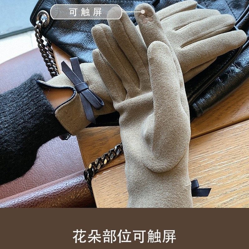 手套女冬季不倒绒手套冬蝴蝶结加绒触屏保暖抓绒骑行开车女士手套|undefined
