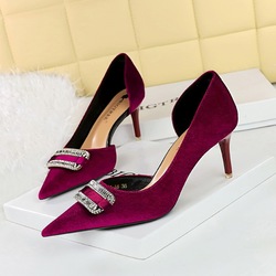 1363-AK76 Banquet Women's Shoes High Heels, Thin Heels, Thickened Suede Surface, Shallow Mouth, Pointed Side Hollow Water Diamond Button Women's Single Shoes