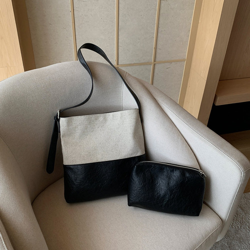 乔戈夏新款单肩水桶包亚麻布料拼接PU简约大容量手提包斜挎子母包