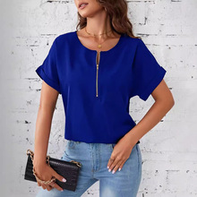 欧美外贸夏季新款纯色圆领拉链蝙蝠袖短袖宽松雪纺衫上衣女