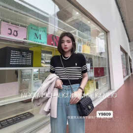 定制韩版圆领气质复古条纹刺绣小标显瘦短袖上衣