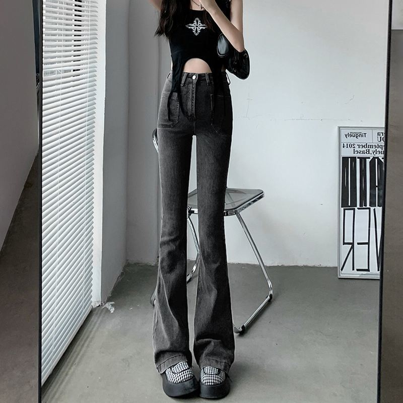 黑灰微喇牛仔裤女秋冬高腰显瘦马蹄裤小个子修身弹力小众喇叭裤子