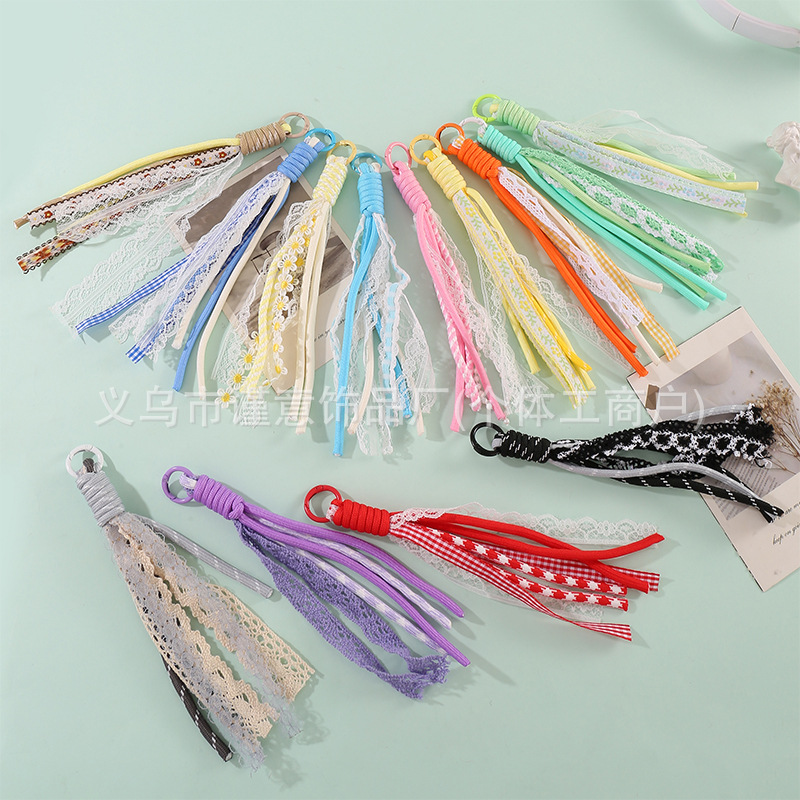 Lace Color-Blocking Knotted Miu Style Phone Lanyard Dopamine Bag Plush Keychain Blind Box Phone Accessory