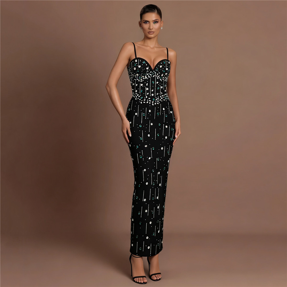 Qadın Rhinestone Detallı Askılı Ziyafət Paltarı