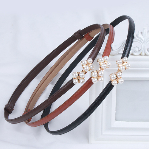 Pearl buckle waist belt for women, elastic thin black with skirt decoration dress belt for girls