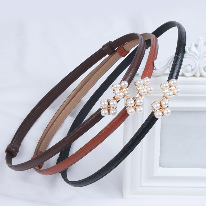 Pearl Buckle Waist Seal Women's Belt Strap Elastic Thin Black Dress Decorative Dress Belt for Girls