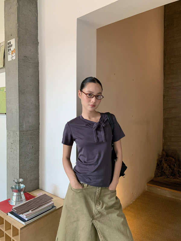 [9hour] フレンチストラップラウンドネック半袖Tシャツレディース2025夏スタイル右肩トップスレディースc250405|undefined