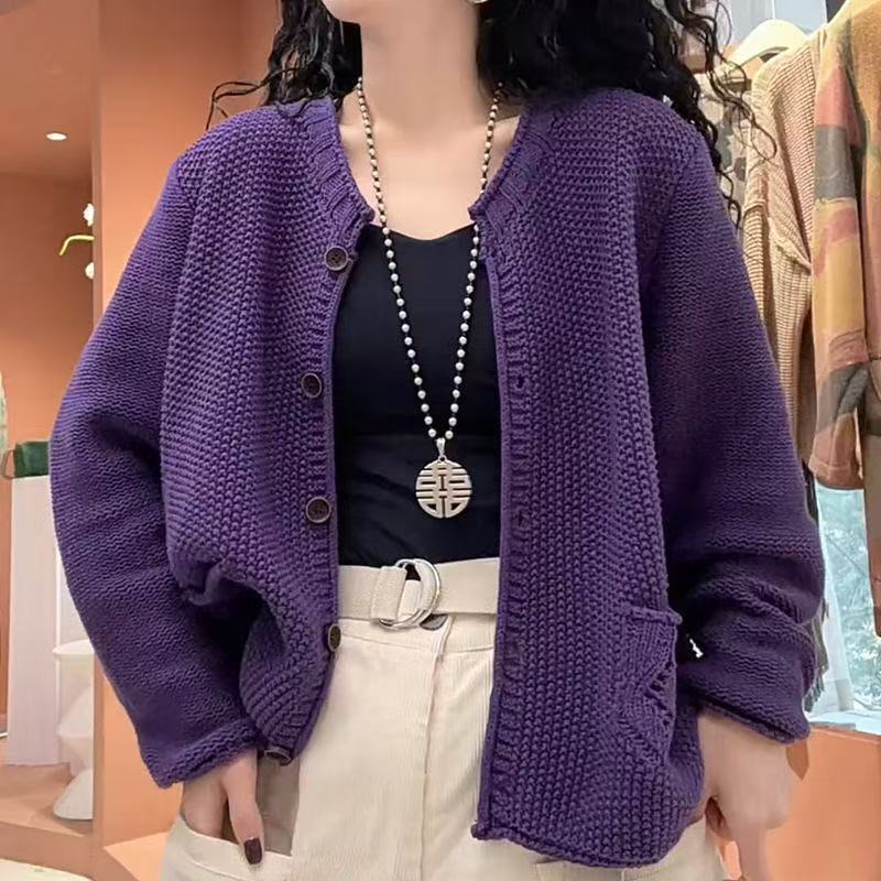 圆领长袖针织开衫毛衣外套女2025春季新款韩版宽松洋气减龄上衣潮|undefined