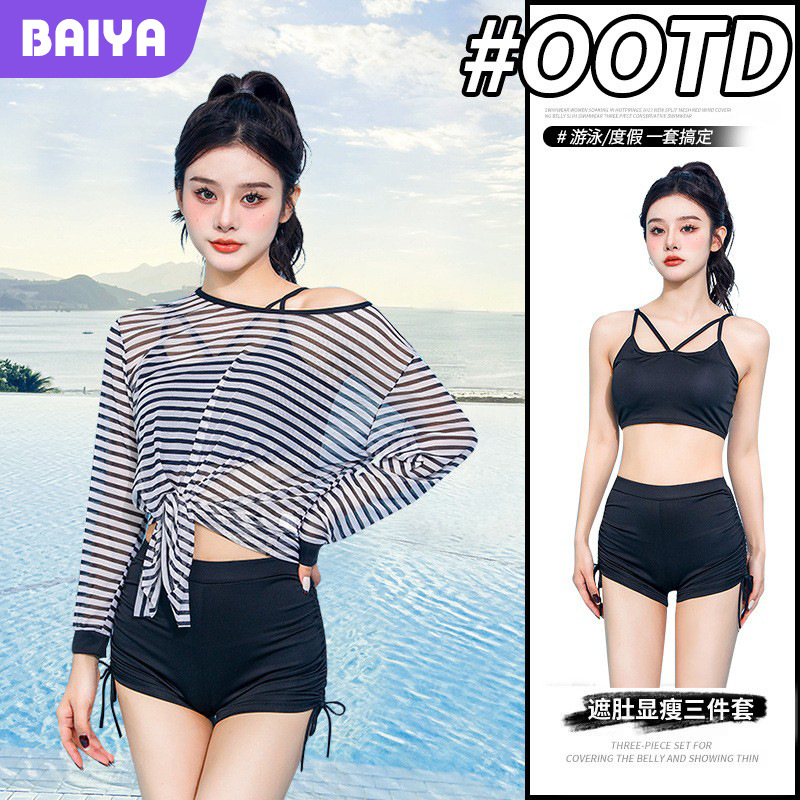 Fábrica al por mayor dividida traje de baño de tres piezas estilo coreano puro deseo vientre femenino adelgazamiento conservador manga larga vacaciones aguas termales