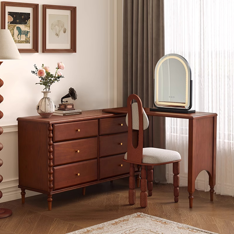 Tocador retro Da Sima, escritorio de dormitorio, tocador, tocador de esquina, armario, mesa de maquillaje de madera maciza todo en uno