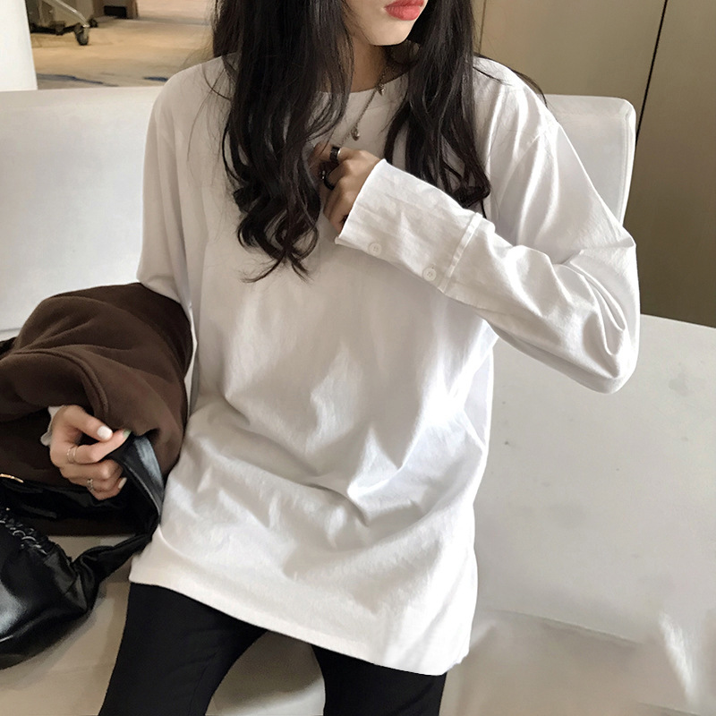 寬鬆純棉長袖t恤女磨毛加厚內搭襯衫袖打底衫中長款疊穿遮pp上衣